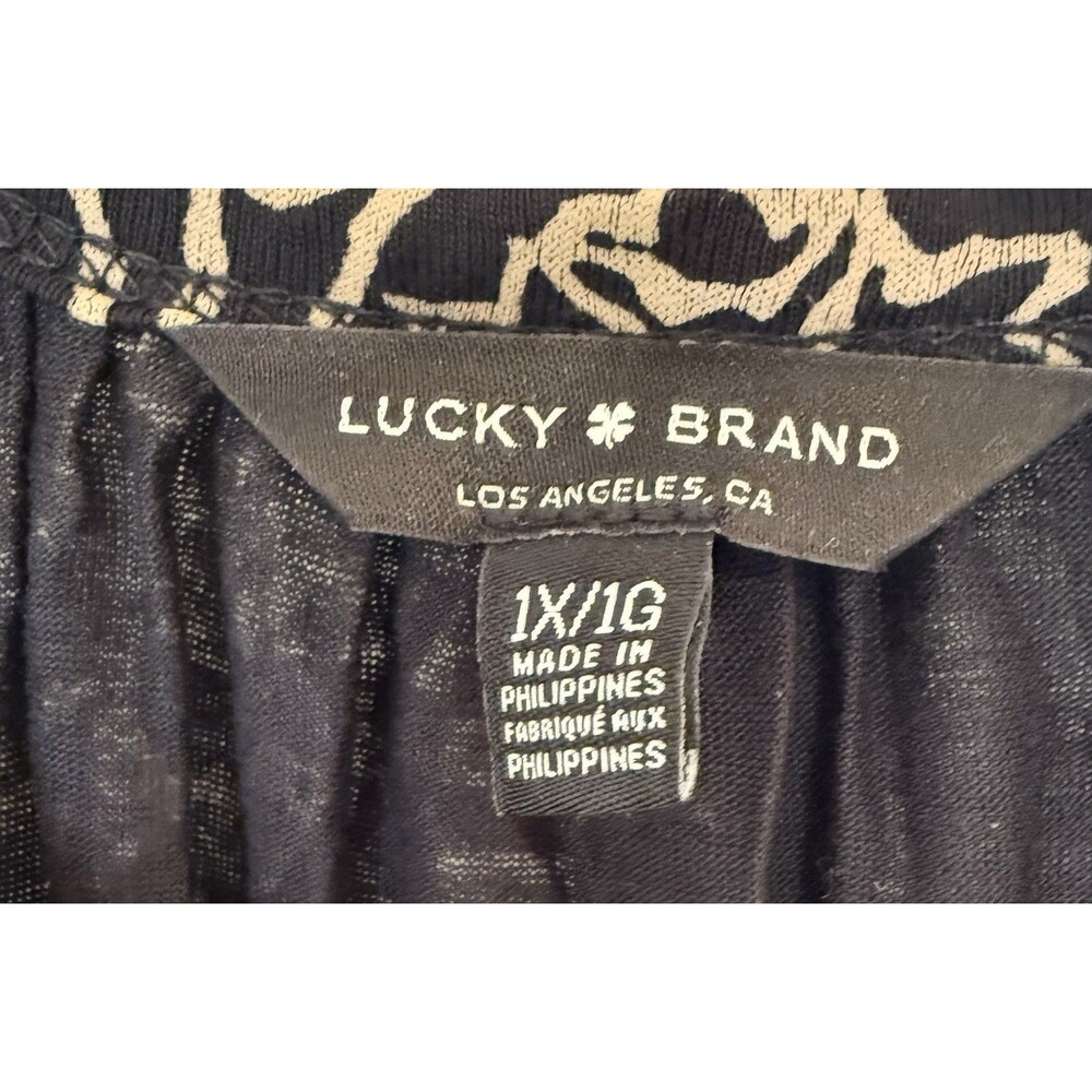 Lucky Brand Women’s 1X Black Beige Floral Boho Peasant Tunic Top Blouse - Picture 3 of 12